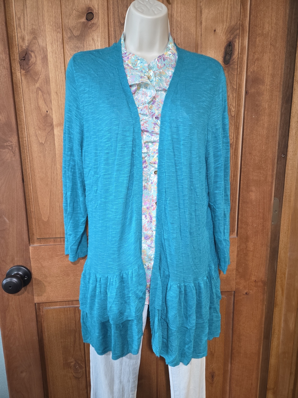 Christopher & Banks Teal Open-Front Ruffled Hem Cardigan‎